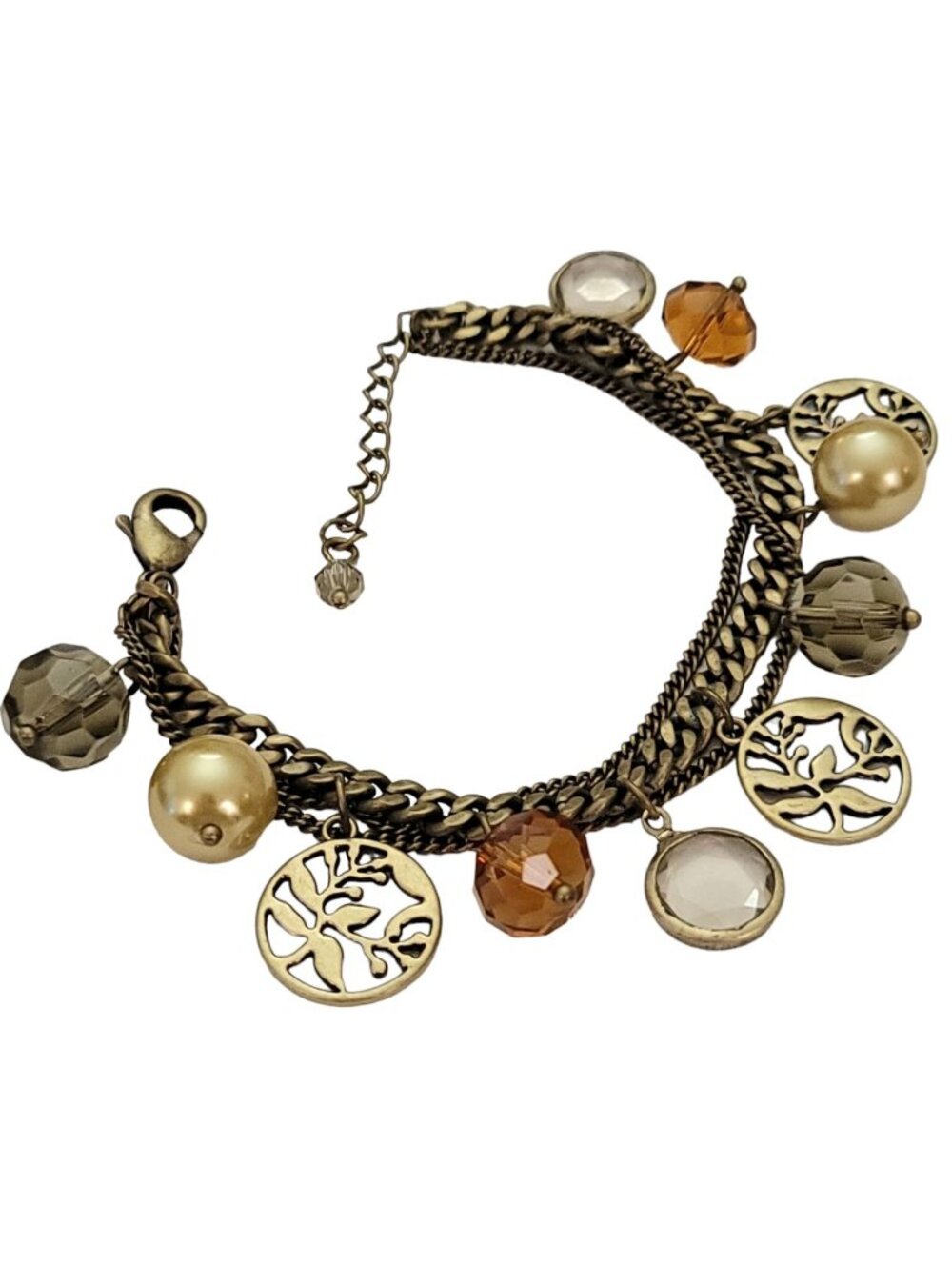 Gold Tone Multi Strand Smoky, Topaz Glass Bead Open Leaf Charm Bracelet E980